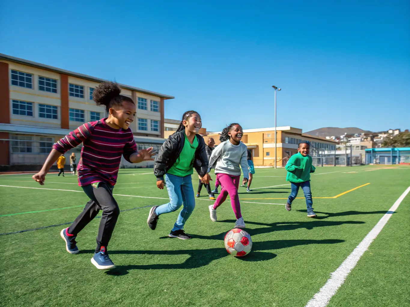 A vibrant photograph capturing a group of diverse children participating in a sports clinic organized by ALTIUS SPORT&CULTURE, showcasing teamwork and joyful engagement.