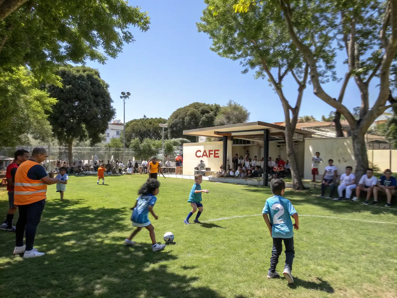 An image of children and adults participating in a community sports event with cultural performances in the background, showcasing the integration of sports and culture.