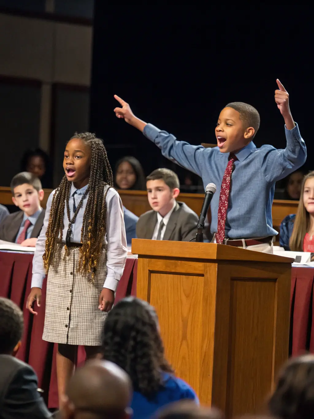 A diverse group of teenagers participating in a debate, with one student passionately presenting their argument while others listen attentively. The setting is a well-equipped debate hall.