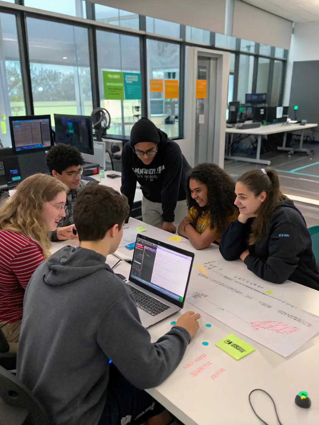 A group of young adults participating in a coding workshop, working on laptops and collaborating on projects. The setting is a modern computer lab.