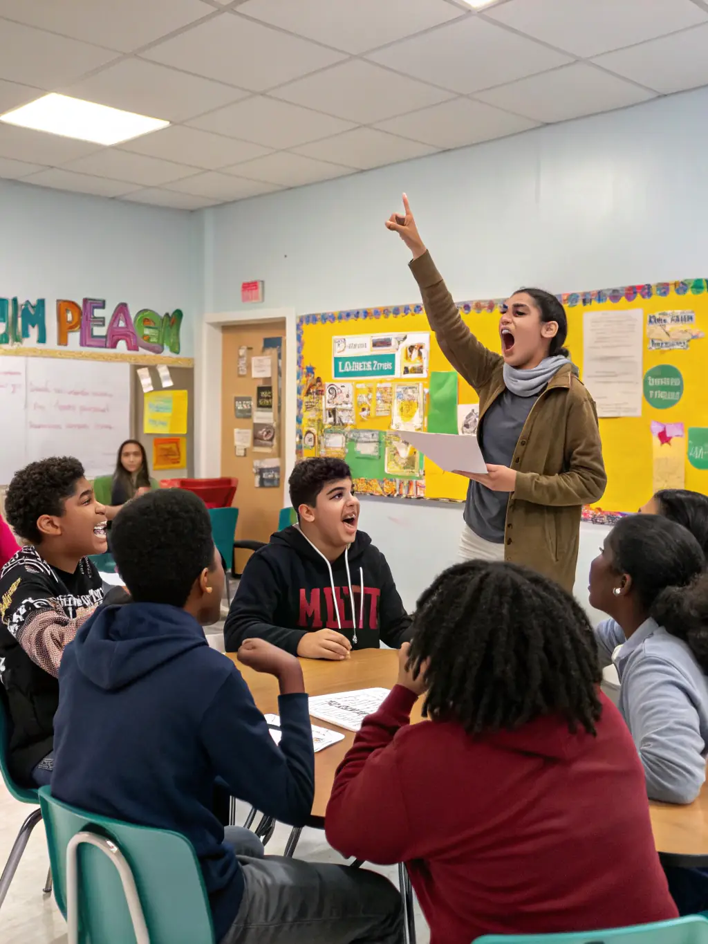 Students participating in a debate, showcasing Fondation Acolea's focus on critical thinking and communication skills.