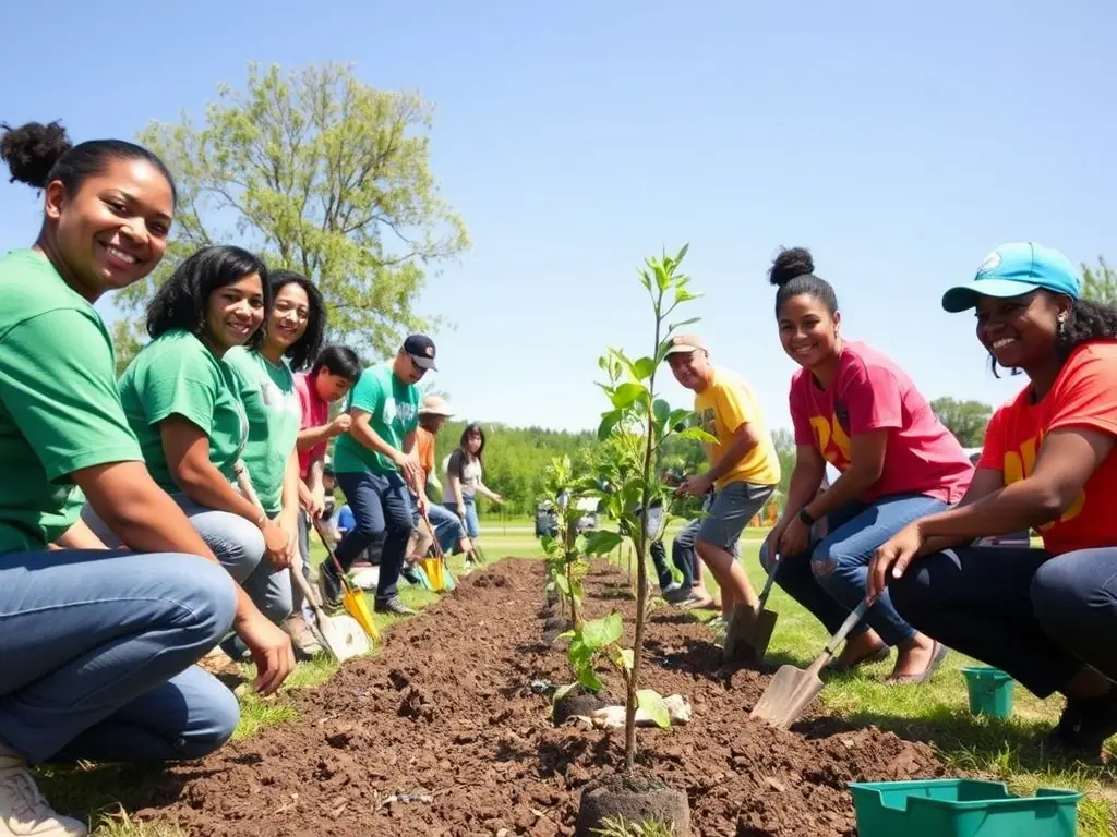 A photograph featuring a group of Fondation Acolea volunteers working together on a community project, such as planting trees or cleaning up a local park. The image should emphasize teamwork, community engagement, and positive impact.