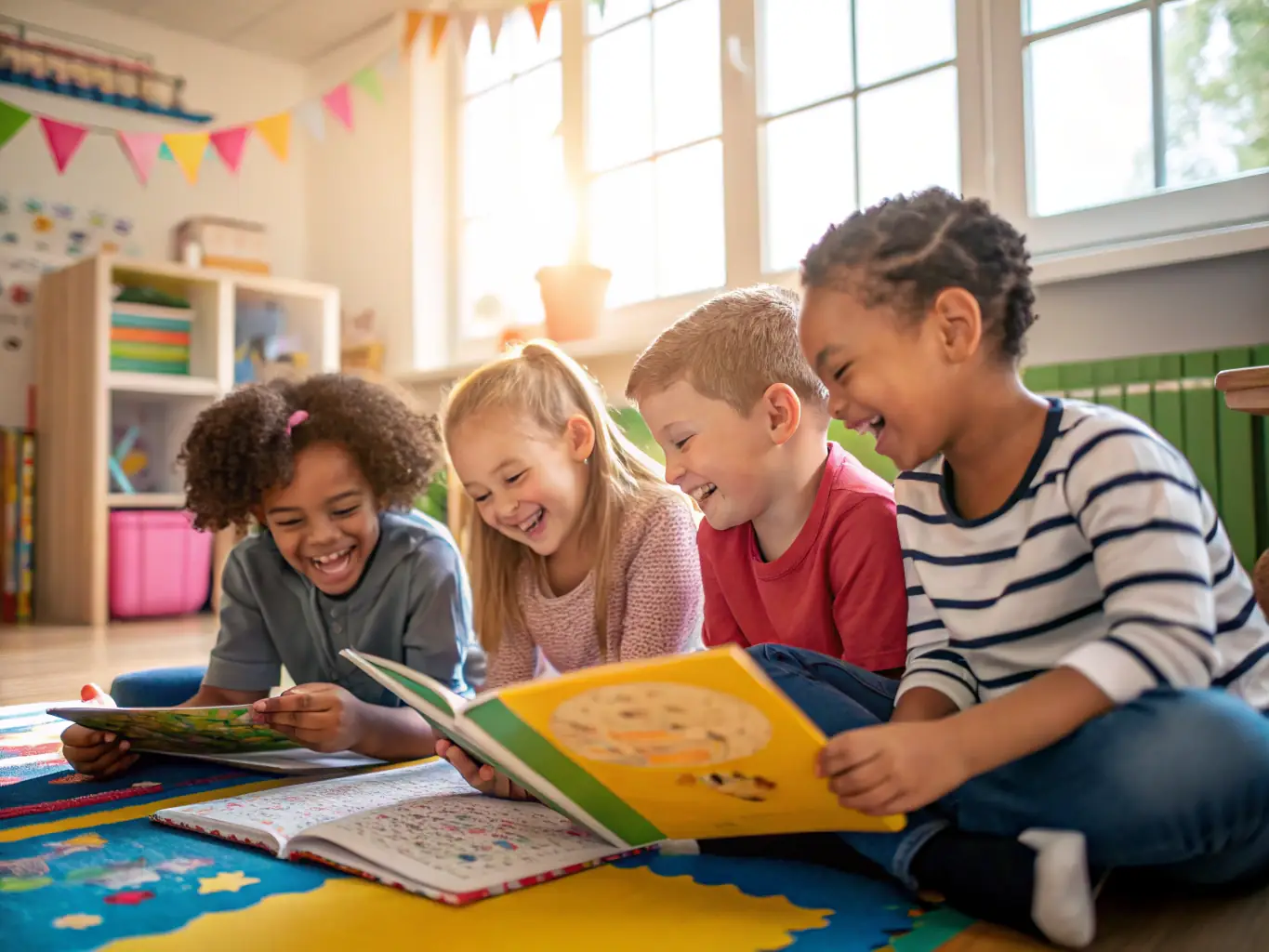 A photograph capturing a group of smiling children participating in a Fondation Acolea educational program, set in a bright and engaging classroom environment. The image should convey a sense of joy, learning, and community.