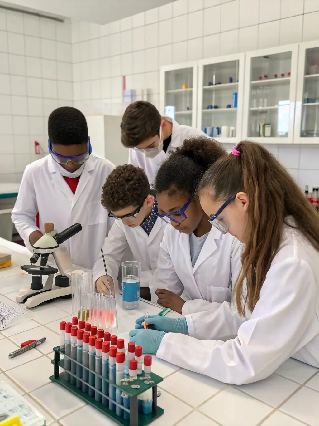A group of young students participating in a science experiment, wearing safety goggles and lab coats, with a teacher supervising. The setting is a bright and modern classroom.