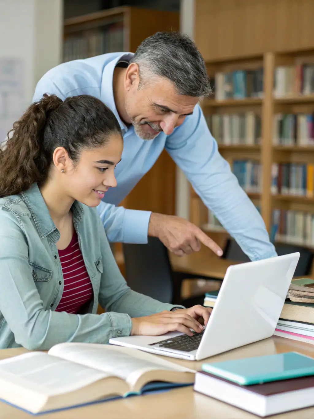 A mentor guiding a young student in a reading session, emphasizing Fondation Acolea's dedication to personalized learning and academic support.