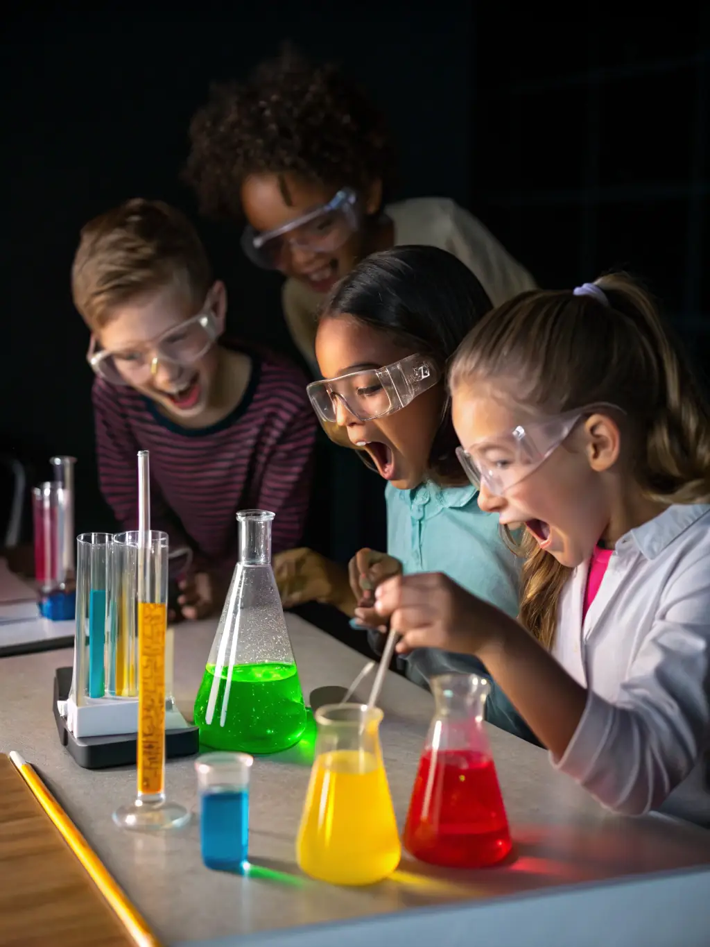 A group of young students participating in a hands-on science experiment, showcasing Fondation Acolea's commitment to interactive learning.