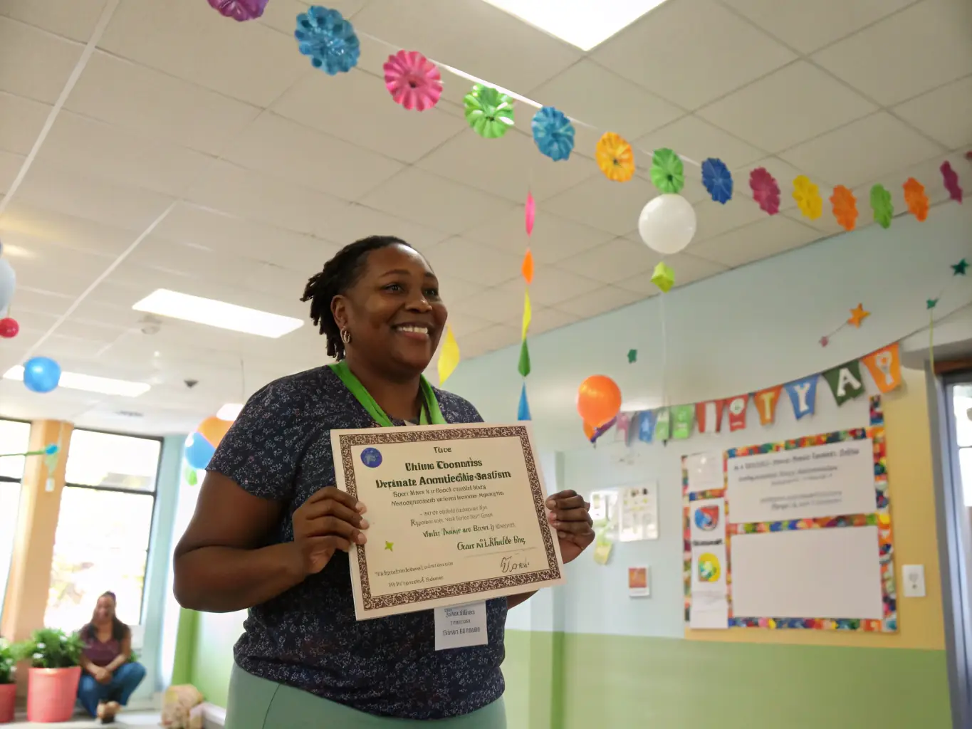 A photograph showing a young adult receiving a certificate of completion from a Fondation Acolea vocational training program. The setting is a professional training facility, and the image should highlight the individual's accomplishment and pride.