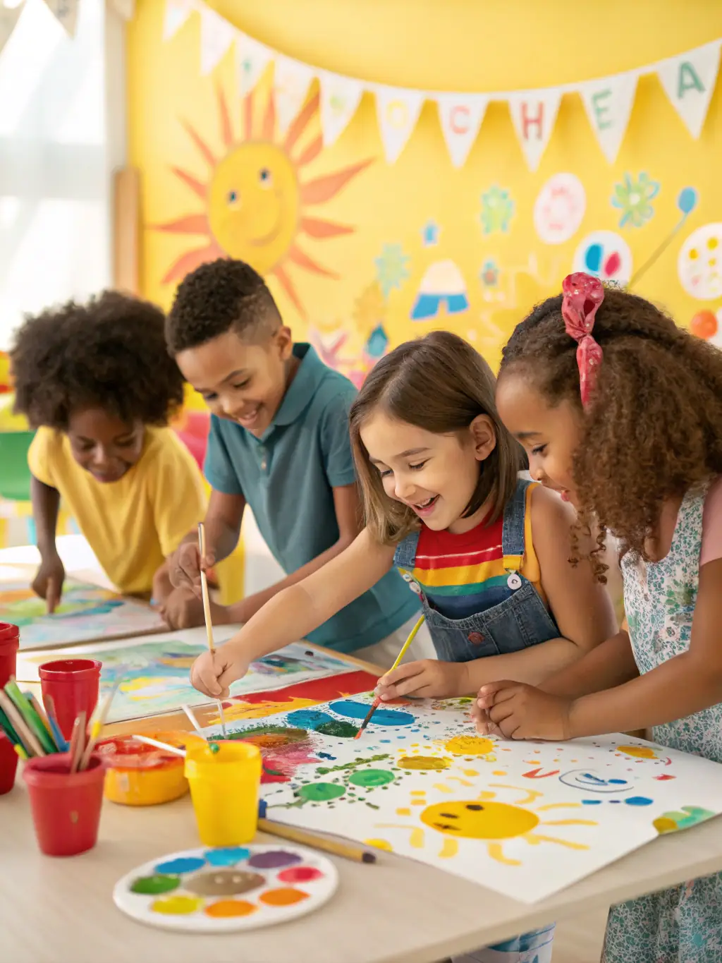 A diverse group of children collaborating on an art project, highlighting Fondation Acolea's focus on creativity and self-expression.