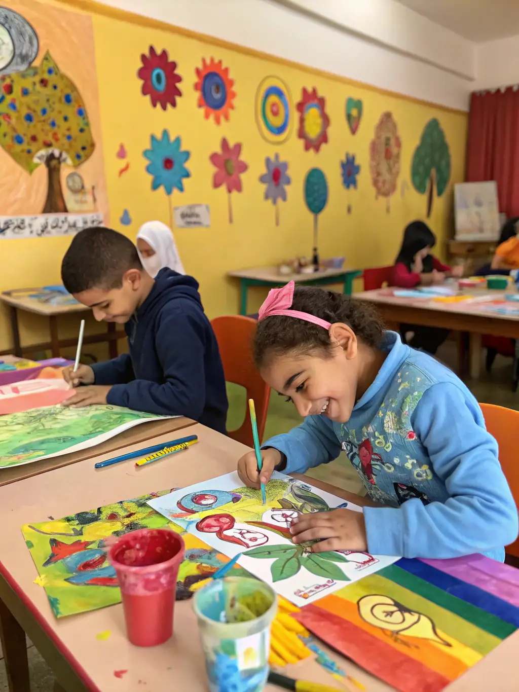 A group of children painting and drawing in an art class, with colorful artwork displayed on the walls. An instructor is providing guidance and encouragement.